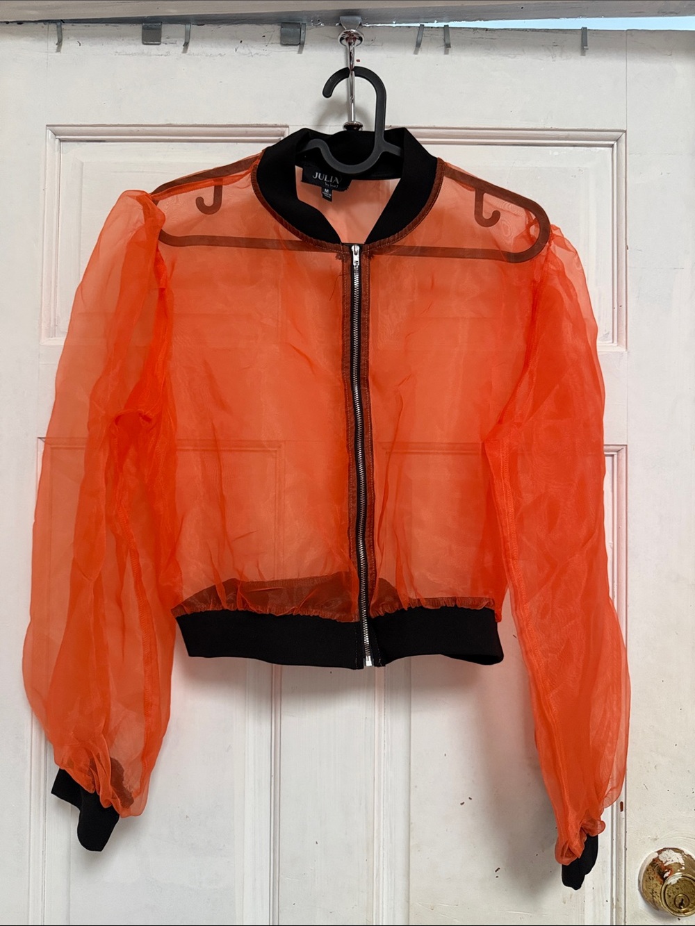 Sheer Orange Bomber Jacket with Black Trim
